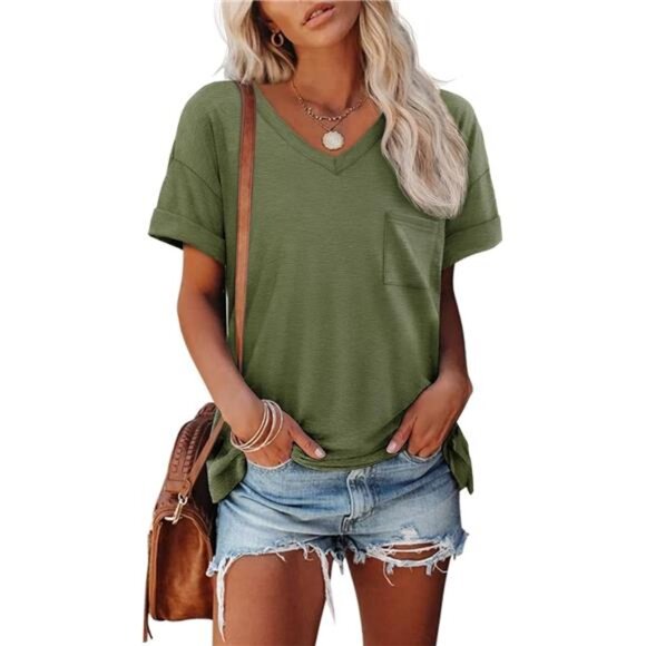 Women's Army Green T Shirts Short Sleeve‎ V-Neck Shirts Cute Casual for Summer - Picture 1 of 6